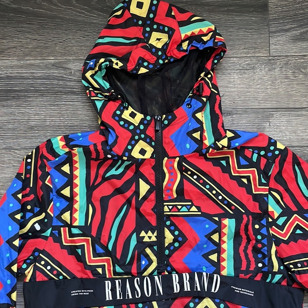 Reason the Label | Unity Red 1980s Maximalist Print Hooded Windbreaker 1/4 Zip - Picture 3 of 12